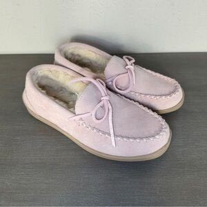 My Slippers MyPillow Pink Suede Faux Fur Lined Moccasin Slippers Women's Size 7
